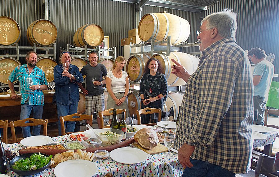 Bob and Wilma, what great hosts. A family lunch in the winery. L-R Mick Wordley, Philip White, Peter Fraser, Robyn Wordley, Annabelle Collett + Big Bob.