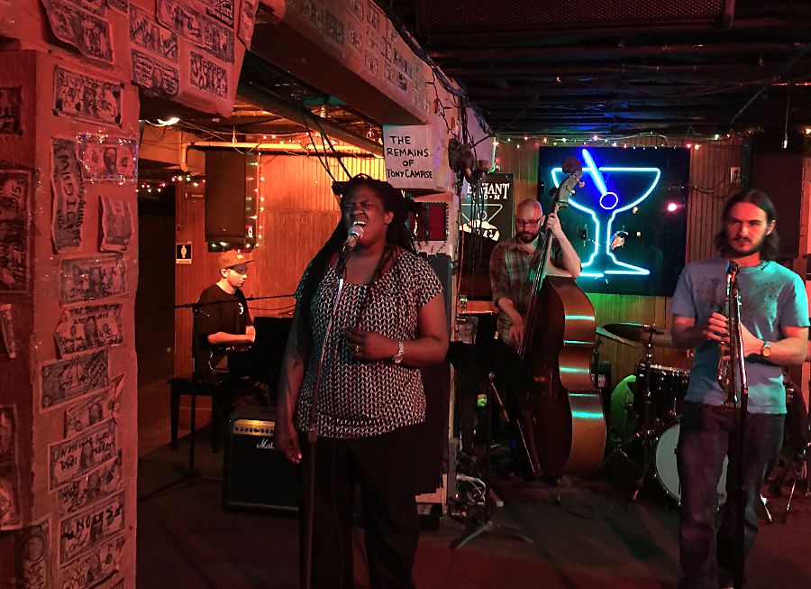 Lead singer Joy Harris with others from Brooklyn, in Austin rehearsing for a 'secret gig', joined the Elephant room jazz jam.
