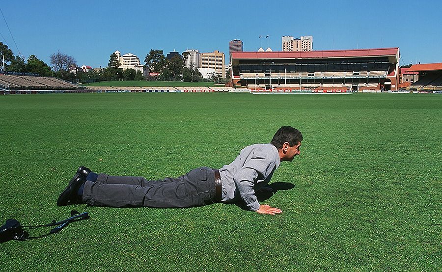 Anthony's a keen follower of Cricket. Could not believe he was alloed out into the miuddle of the Adelaide Oval during the farewell dinner of the 1999 'Rewads of Patience' Gathering. Photo  :  Milton Worldey