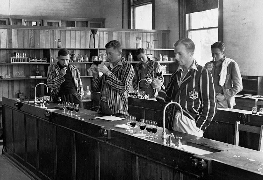 Wine tatsing at Roseworthy College in the 1930's : Taster in front, Ben Chaffey who founded Seaview, McLaren Vale SA, directly behind him and to the right  Reg Shipster, who managed Leo Buring P/L, Tanunda : caption by  Ian Hickinbotham. Image supplied by The South Australian Government.