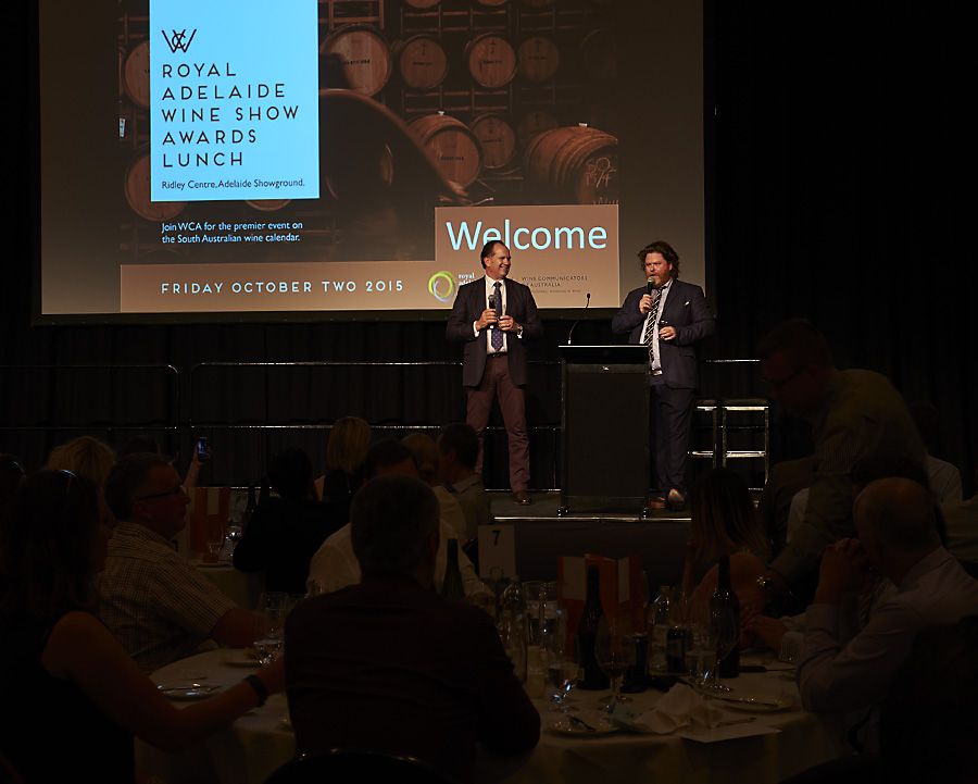 Michael on stage with Nick Ryan MC at the WCA Royal Adelaide Wine Show Awards lunch. Photo : Milton Wordley