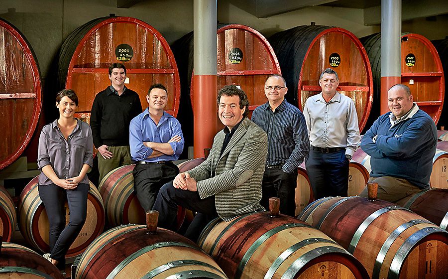 Penfolds winemakers in the Grange Cellar at Magill. Photo : Milton Wordley