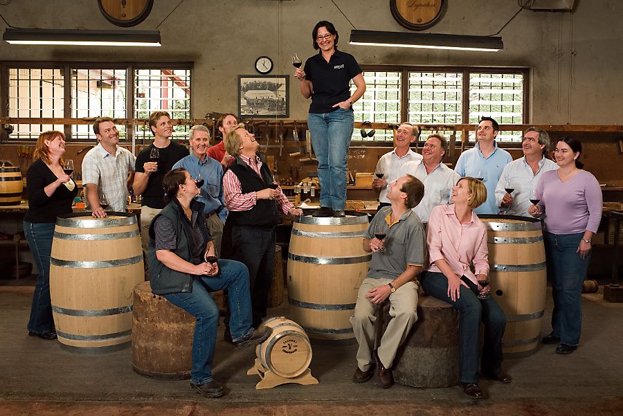 Phil 3d from left with the Yalumba Wine making team in 2007. Louisa Rose is on the barrel. Photo : Milton Wordley