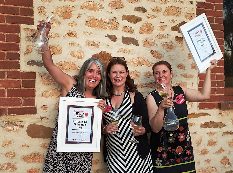 The 2015 Women of Wine awards presentation in McLaren Vale, Irina Santiago-Brown with Briony Hoare, and Rose Kentish : Photo © Milton Wordley. 