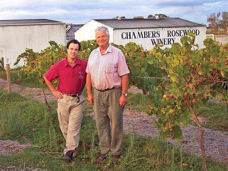 Bill and his son Stephen, head winemaker at the Chambers Rosewood since 2001 . Photo : supplied.