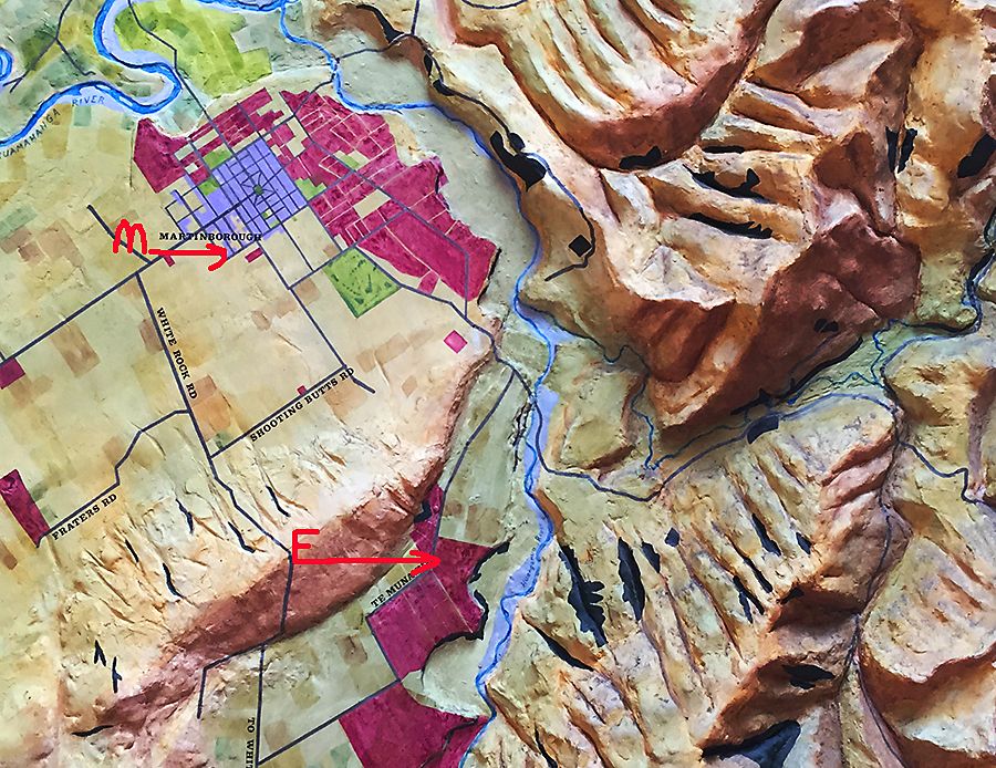 Relief map in the Martinborough Wine Merchants show the terrain. Escarpment is bottom right about a 10 minute drive out of the town : Photo © Milton Wordley.