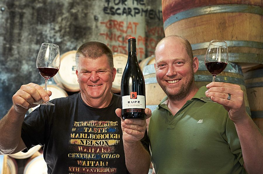 Larry and Huw Kinch the full time winemaker with the 2013 Kupe : Photo © Milton Wordley.