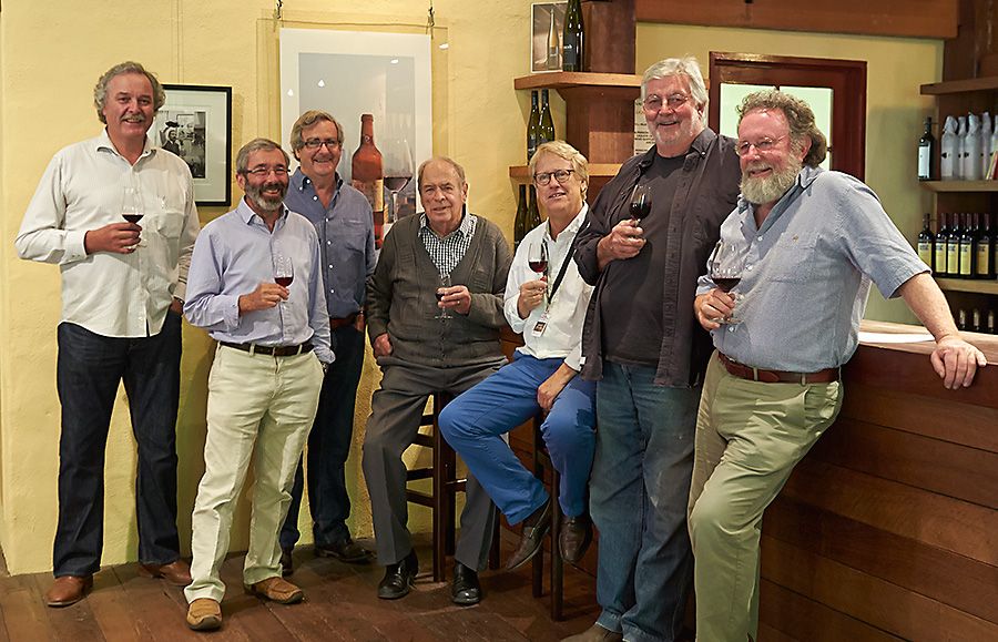 Barossa Group L-R : Rick Burge, Stephen Henschke, Brian Walsh, Peter Lehmann, Robert Hill Smith. Big Bob McLean and Robert O'Callaghan. Photo : Milton Wordley.