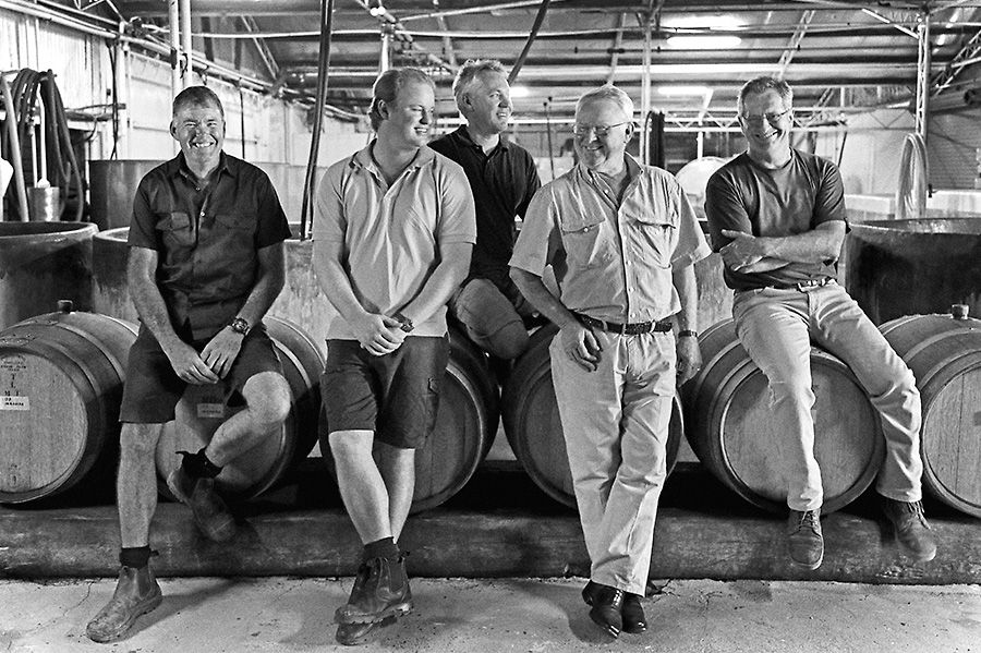 Tyrrell's winemaking team , L-R Andrew Pengilly (Vineyards Manager), Chris Tyrrell, Mark Richardson (Red Winemaker), Bruce Tyrrell and Andrew Spinaze (Chief Winemaker). Photo : Emma-Jane © Pitsch. 