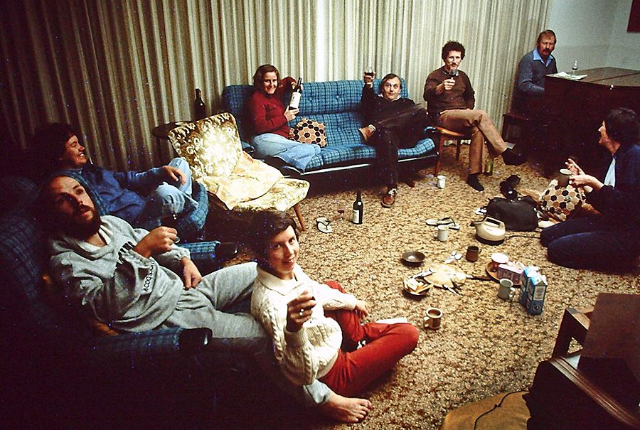 Group of friends in the Lynn lounge room after a days picking in the Coonawarra in 1983. Brian Lynn is on the Piano : Photo © Eldridge Estate.