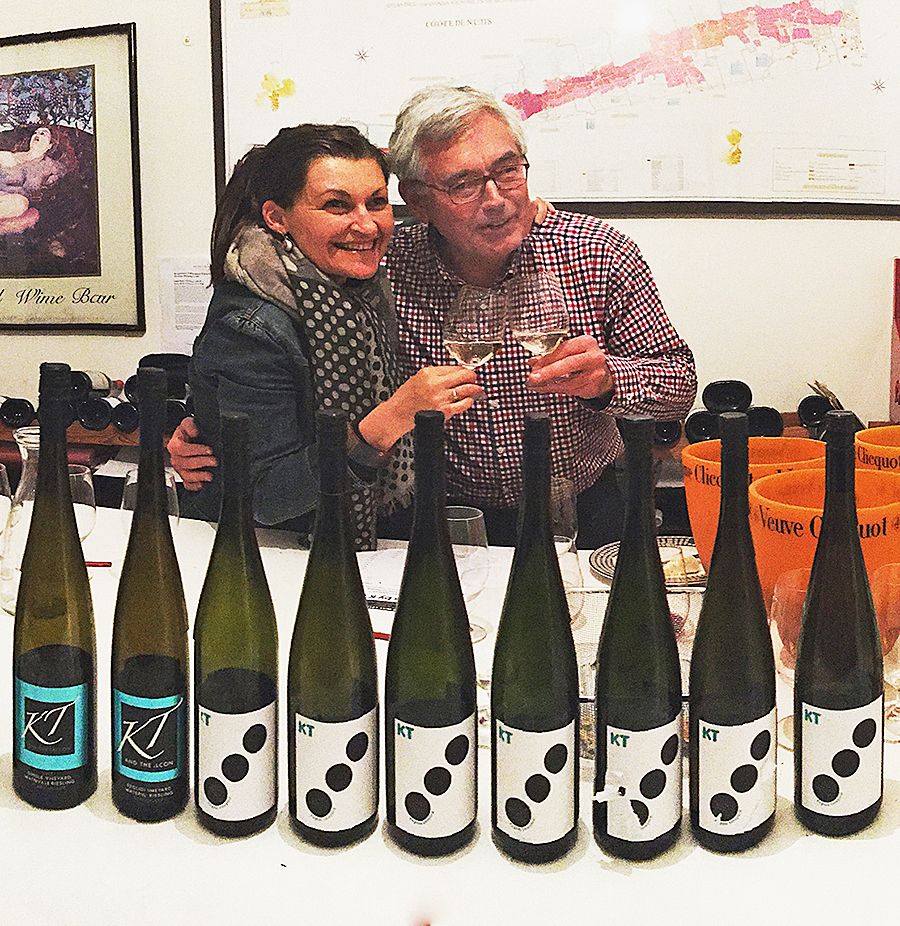Kerri with Ian Cook at his  Five Ways Cellars, for the ten year vertical of Peglidis in Sydney recently.