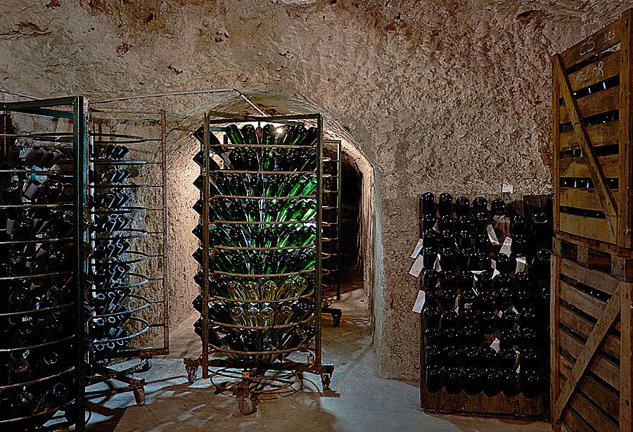 Riddling racks in Jean-Paul Morel's cellar in Verzenay  : Photo © Milton Wordley.