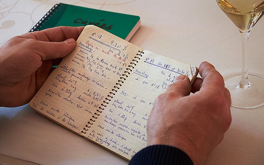 Didier's father's notebook from 1965. Didier's translation : For the cuvee N°18 . On the blend, my father wrote : “3/5 CB Cram. Haut et Bas…. That means  3/5 = 60% of course, CB = only Cuvée Blanche (so from Chardonnay), Cram. Haut = Cramant lieu dit “Buissons” (it was the unique plot of Cramant at this period),Cram. Bas = Chouilly “Montaigu” planted in 1951 (for my father “Chouilly” Montaigu” is a vine just near and under the hearth of Cramant, so for him I discovered it was Cramant bas….So I translate this to : “60% Cuvée Chardonnay from Cramant “Buissons” and Chouilly”Montaigu”.