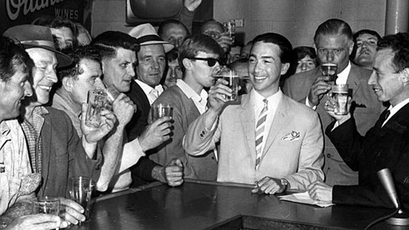 SA Premier Don Dunstan at the Challa Gardens Hotel to celebrate end of six o'clock closing in 1967. Photo from The Advertiser © July 2014 