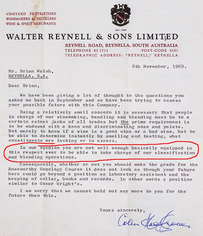 Colin Haselgrove 1969 letter to Brian, telling him his future at Walter Reynella & sons was limited. 