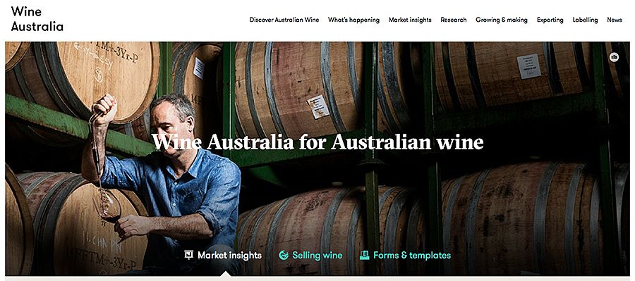 Wine Australia's web site home page.