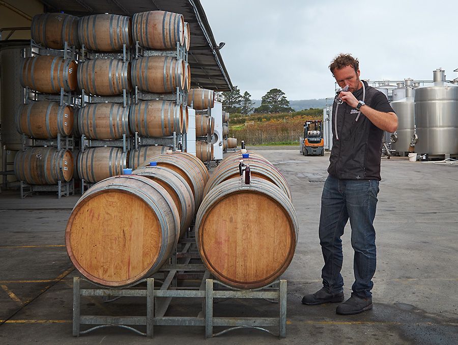 Rob samples part of the 2017 vintage. First vinatge was only three barriques, that's the same size as the front barrels. : Photo © Milton Wordley.
