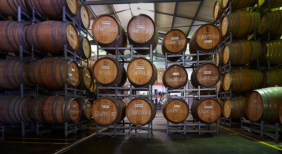 The centre twelve barrels, half of Rob's 2017 vintage in the barrel at Haselgrove  : Photo © Milton Wordley.