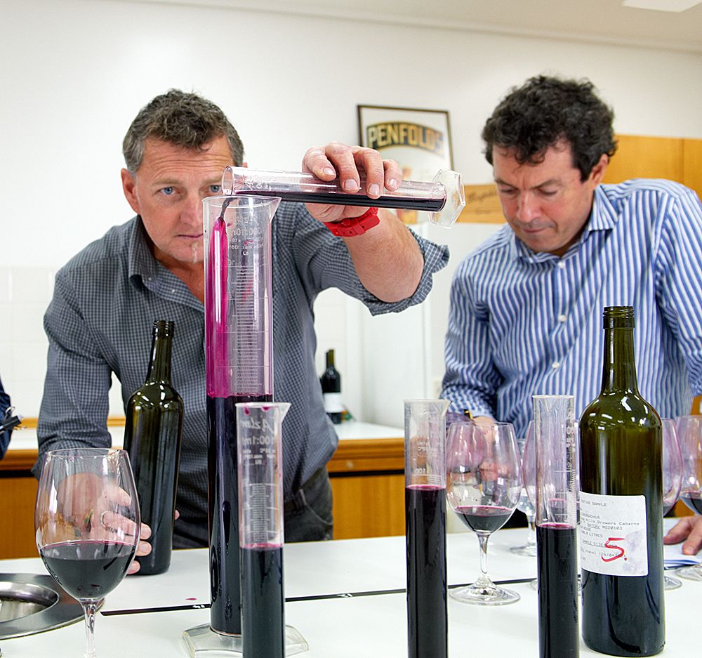 Andrew Baldwin and Peter Gago blending in the Nuriootpa winemakers lab : Photo © Milton Wordley. 