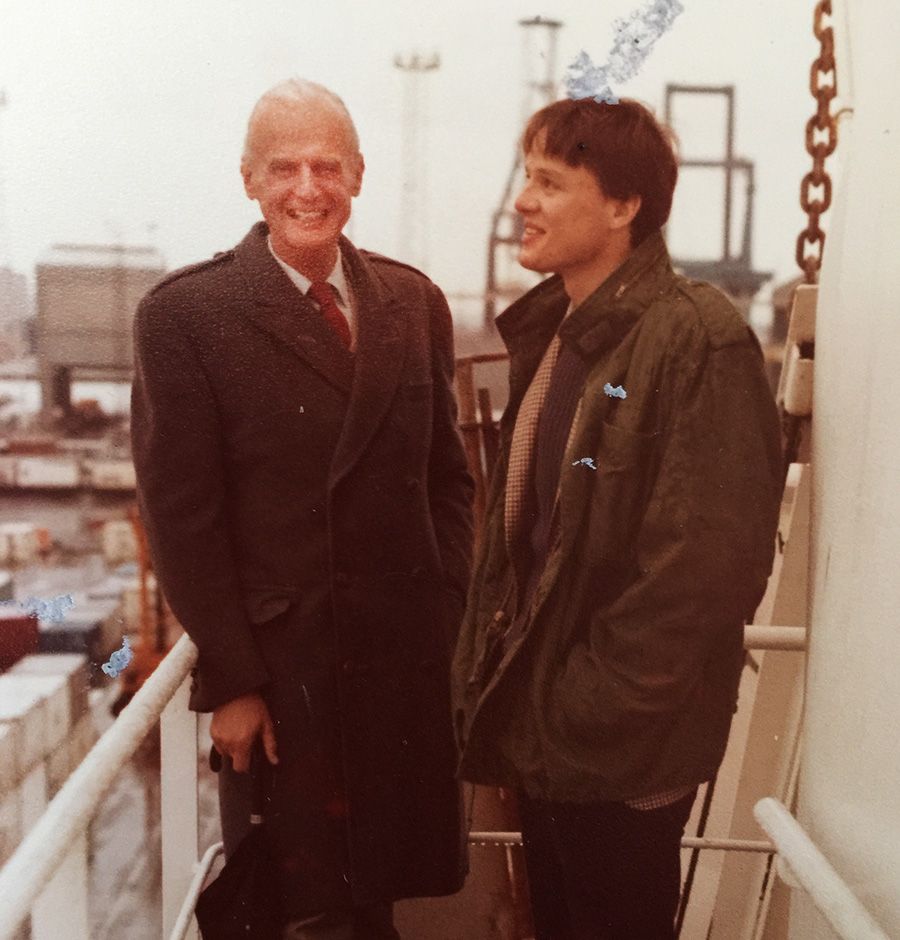 Andrew and his father Anthony Caillard on MV Tolaga Bay the day he left Tilbury for Australia in 1982.