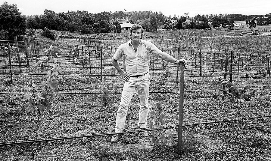 Brian Croser in the very young Tiers Vineyard 1983 : Photo © Milton Wordley.