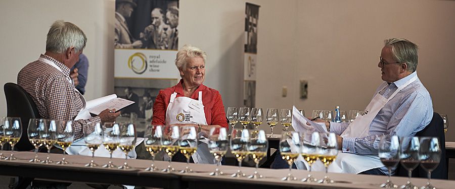 The 2017 Royal Adelaide Wine Show ’Provenance Prize’ judges, Ian Mckenzie, Pam Dunsford and Andrew Caillard : Photo © Milton Wordley.