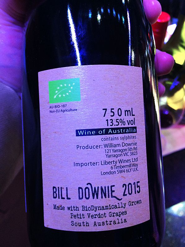 Bill Downie Biodynamic Petit Verdot, Jim Lockard's wine of the day at  a 2016 London Australian Wine tasting . Photo courtesy Jim Lockard.