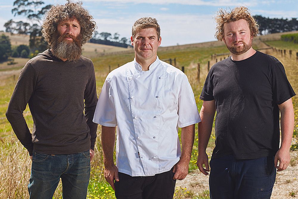 Joint venturers William Downie, Trevor Perkins and Patrick Sullivan, in the  Hogget Kitchen at the Wild Dog Winery in Warragul.