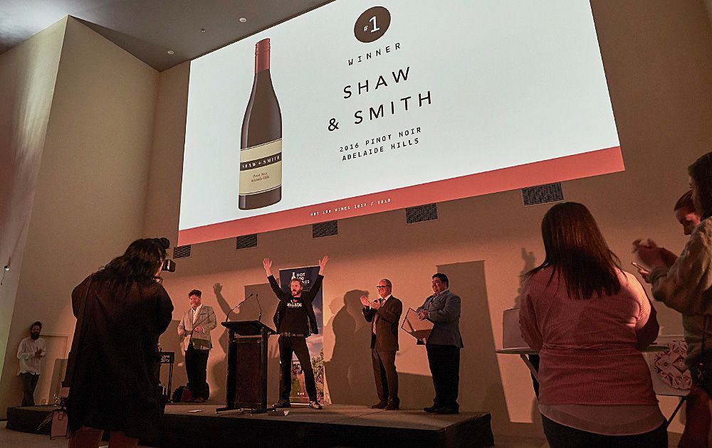 Peter announces the 'Hot 100' number one wine, the ' Shaw & Smith' 2016 Pinot : Photo © Milton Wordley.