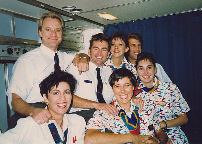 Gill with the Qf1 to London cabin crew in her early days at Qantas.