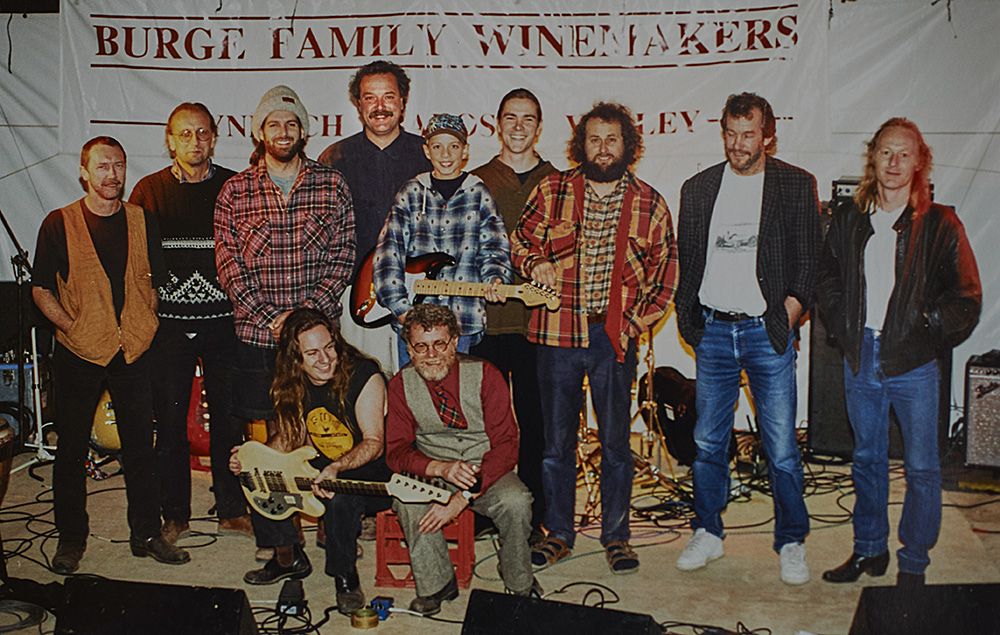 The recording crew for the album ‘ Finnen & Lang, Live at the Vineyard' on the 27th & 28th of April, 1996 in between Cellar Door and Olive Hill block.That's my brother Mick in the sandles 3d from the right. Mick runs Mixmasters one of Australia's foremost recording studios.