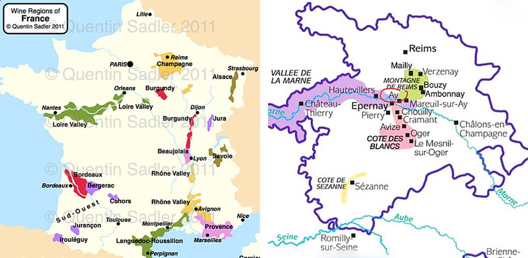 The village of Aÿ in the heart of the  Champagne region France. Wine Regions of France map © Quentin Sadler