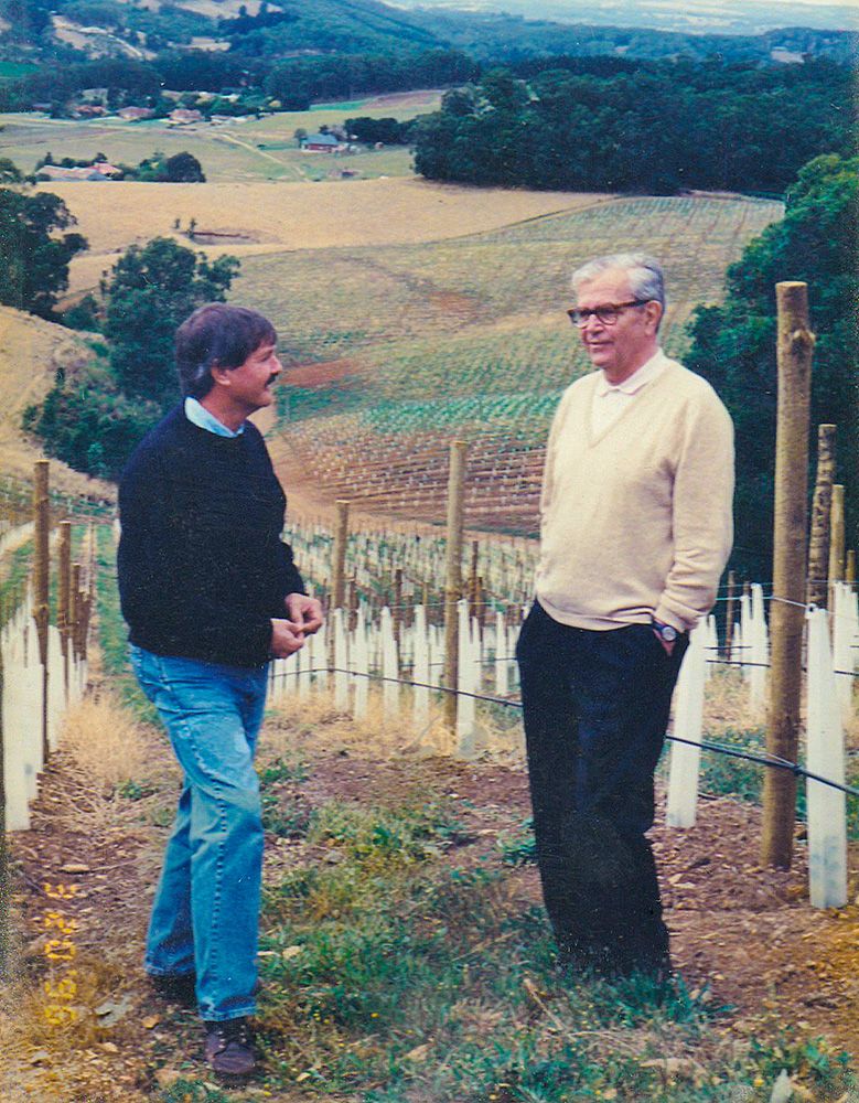 Brian Croser and Christian Bizot in the then newly planted Bizot Vineyard in the Piccadilly Valley, 1996.
