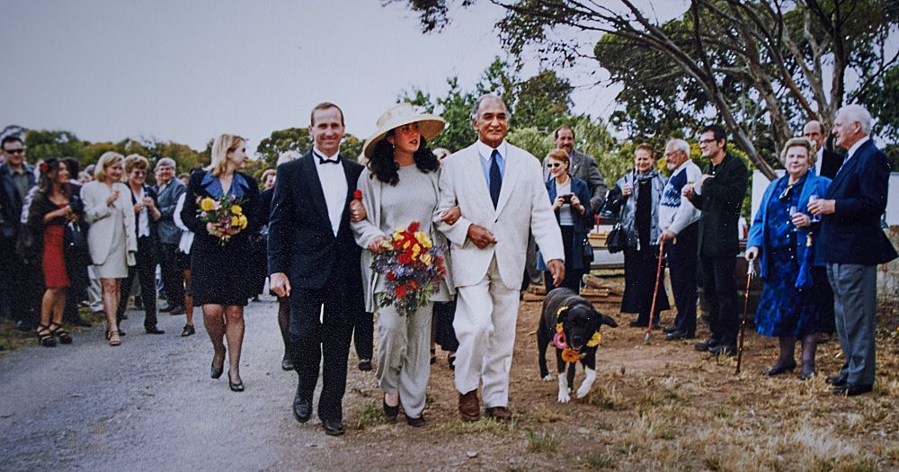 Rae and Drew's wedding, November 1999 with Rae's father Kura and their dog August : Photo courtesy Noon Winery.