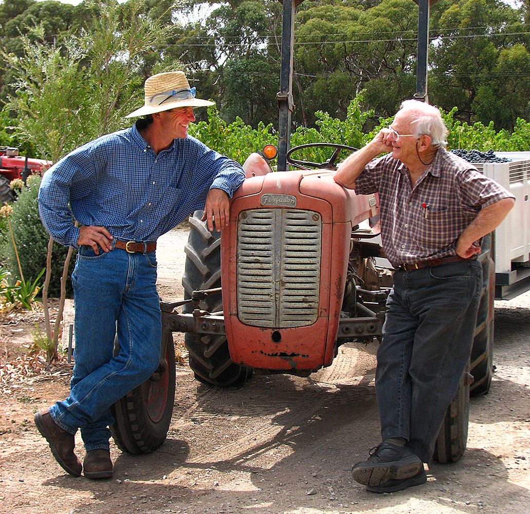 Drew with his father David during the 2007 vintage. Photo © Rae Noon.