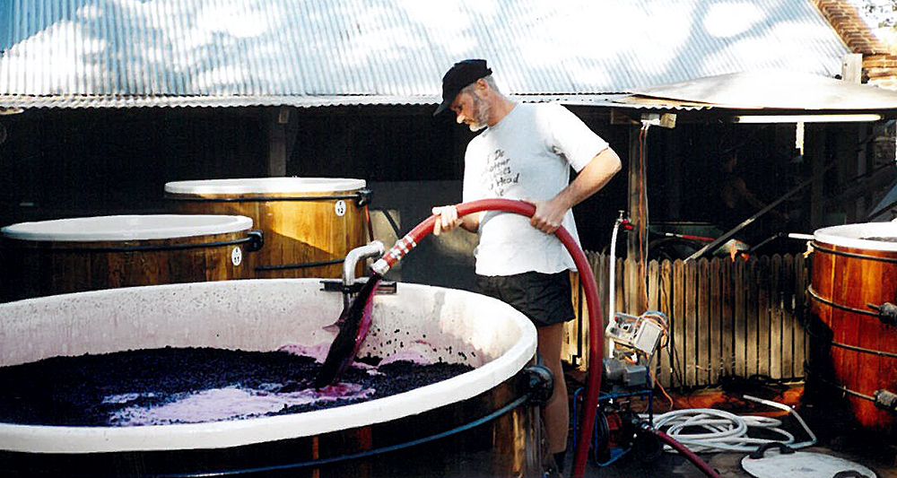 Chris pumping over his Stone Chimney Creek ferment at Rockford in 2004 : Photo supplied. 