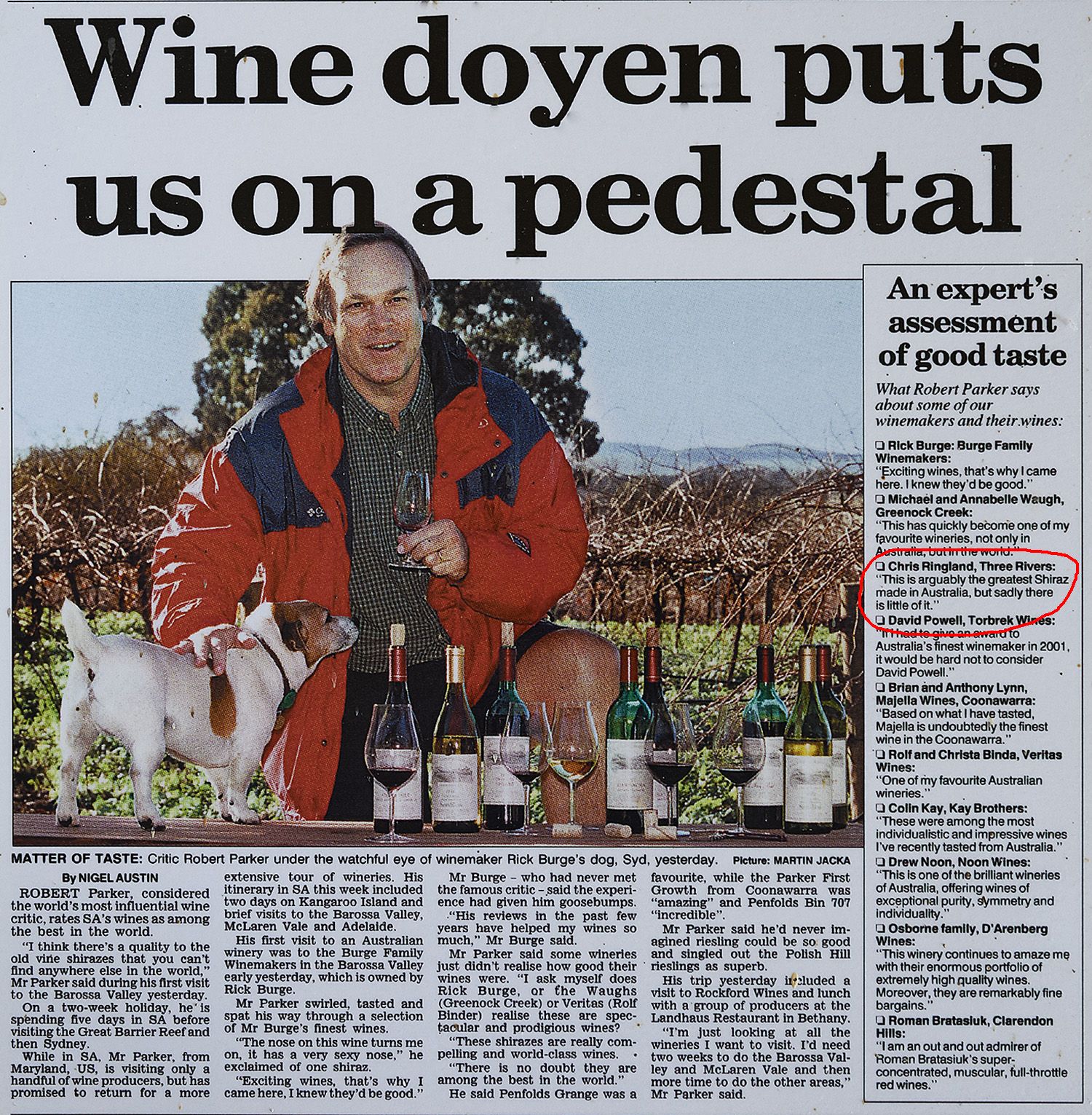 Adelaide Advertiser piece on Robert Parker while he was in the Barossa in June 2002.