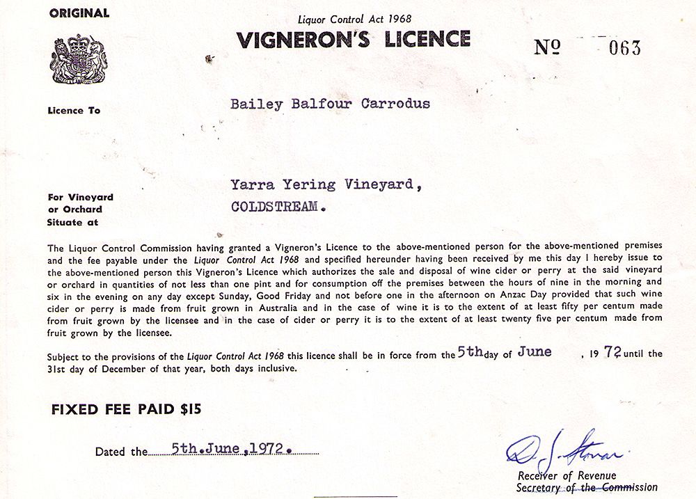 Dr Bailey Carrodus's  first Vignerons Licence No 063.