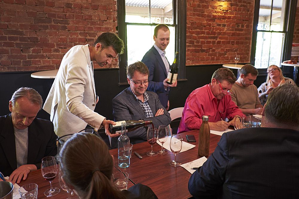 Bhatia and Geoffrey Hunt hosting a Shiraz or Syrah Benchmarking master class at the Prince Albert for the SA branch of Sommeliers Australia : Photo © Milton Wordley 
