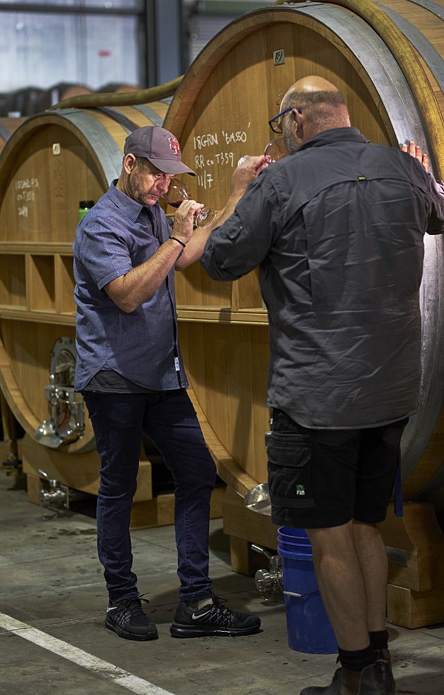 Stephen and Chris Taylor the SCP assistant winemaker, barrel sampling the 2018 vintage : Photo © Milton Wordley.