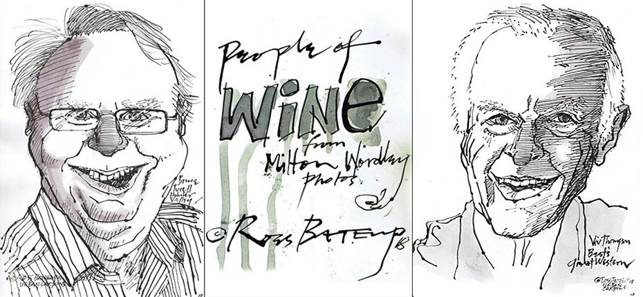 Ross Bateup's Caricatures of Bruce Tyrrell and Viv Thomson from his 'People of Wine' series.