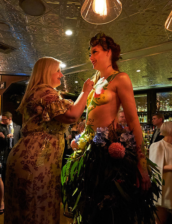Body Painter Emma Hack at work at the 2017 launch of 'The Hunt for Mrs Oliver' Sparkling Fiano Launch at Madame Hanoi restaurnat Adelaide : Photo © Milton Wordley.